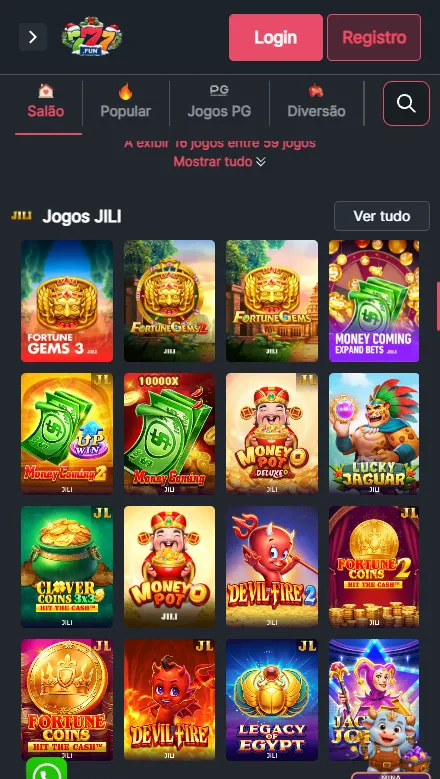 Interface do 777bet app – cassino ao vivo e navegação móvel
